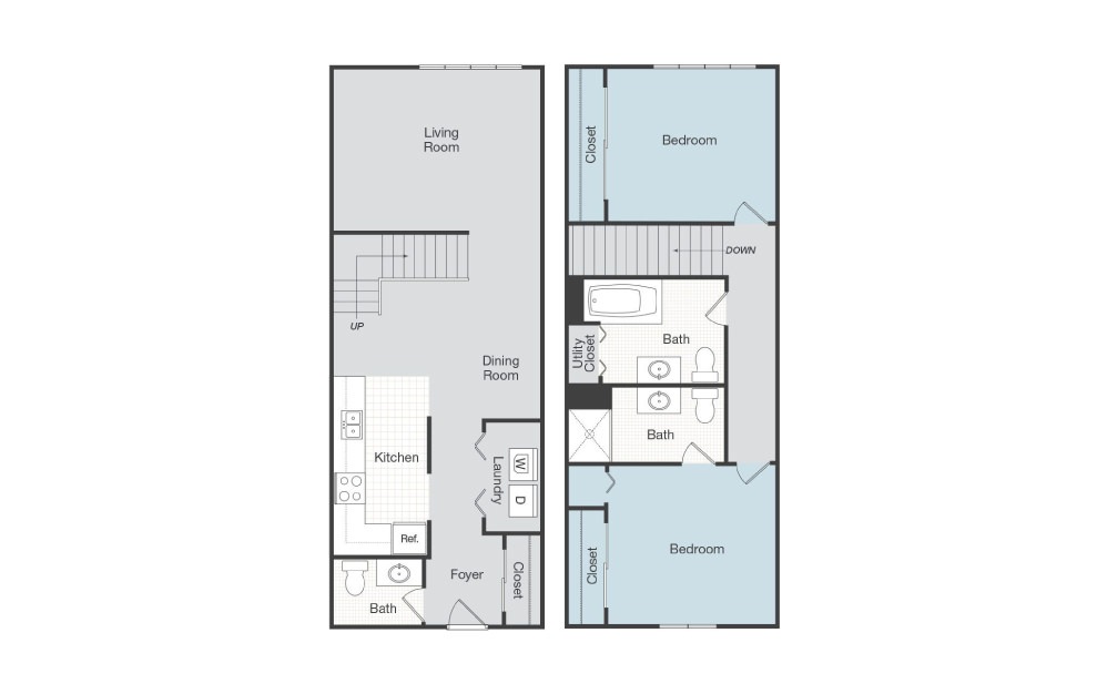 Florence - 2 bedroom floorplan layout with 2.5 baths and 960 square feet.
