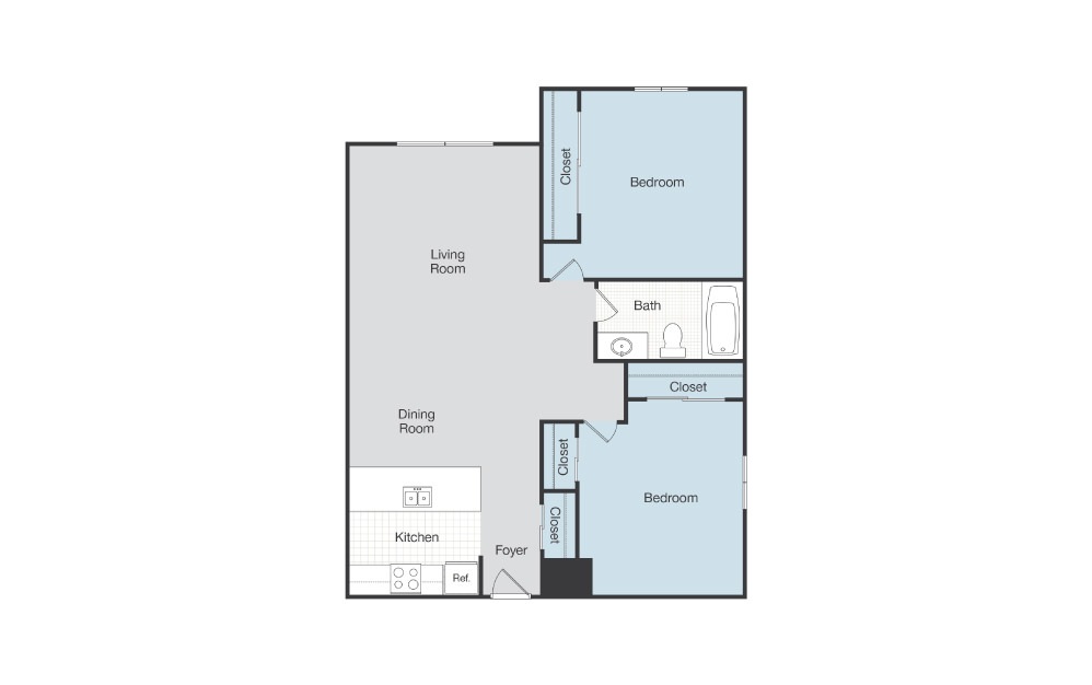Milan - 2 bedroom floorplan layout with 1 bath and 852 square feet.