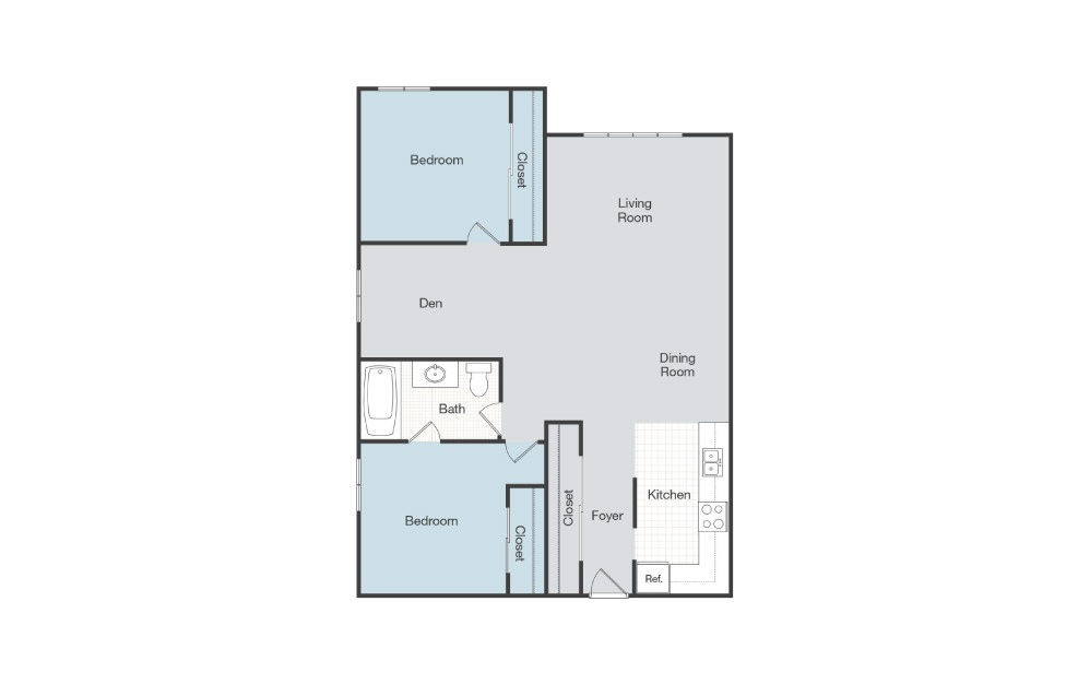 Naples - 2 bedroom floorplan layout with 1 bath and 876 square feet.