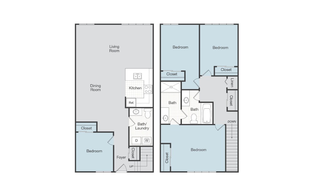 Normandy - 4 bedroom floorplan layout with 2.5 baths and 1500 square feet.