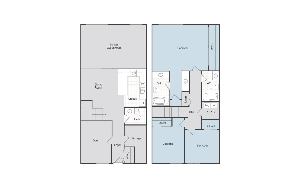 Seville - 3 bedroom floorplan layout with 2.5 baths and 1450 square feet.