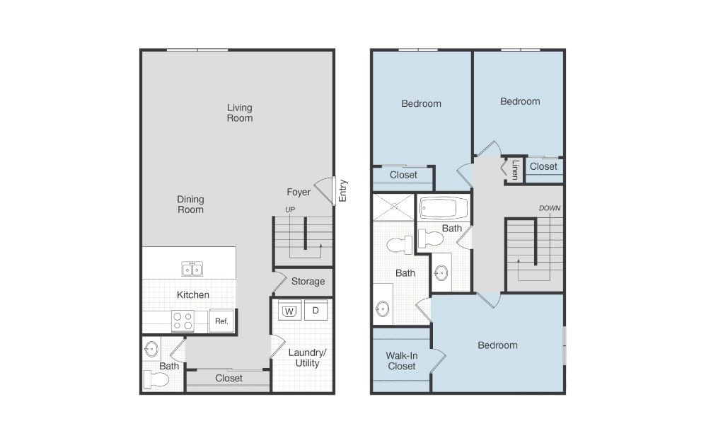 Valencia - 3 bedroom floorplan layout with 2.5 baths and 1260 square feet.