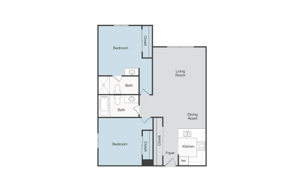 Venice - 2 bedroom floorplan layout with 2 baths and 870 square feet.